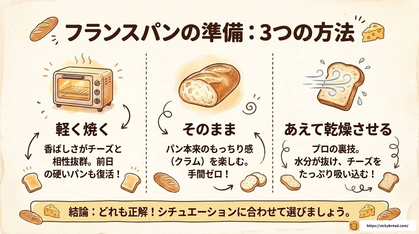 チーズフォンデュのフランスパンは焼く？そのまま？徹底解説